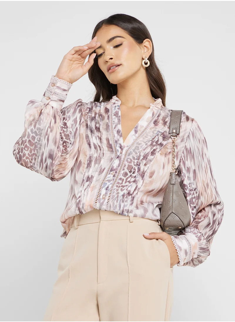 جس Printed V-Neck Pleated Top