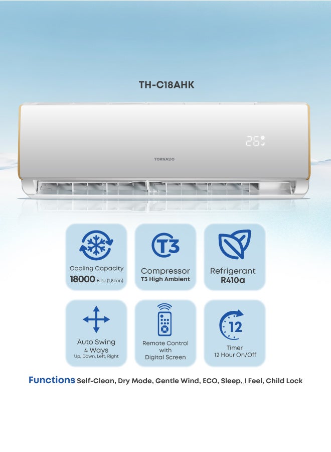 TORNADO 1.5 Ton Cool Split Air Conditioner, 18000 BTU, T3 Compressor, white, R410 Refrigerant, Turbo Mode, Digital Display, Golden fin, 4 Ways Swing, TH-C18AHK - Image 4
