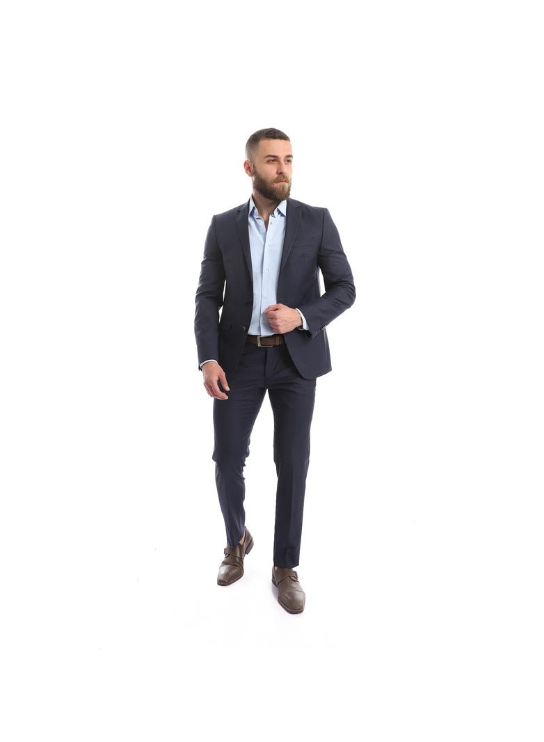 Esla Self Pattern Navy Blue Slim Fit Suit - Image 1