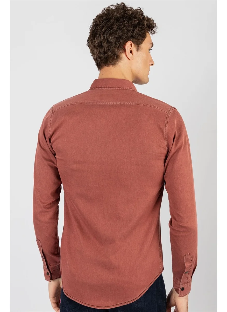 Tudors Slim Fit Slim Cut 100% Cotton Double Pocket Burgundy Denim Shirt