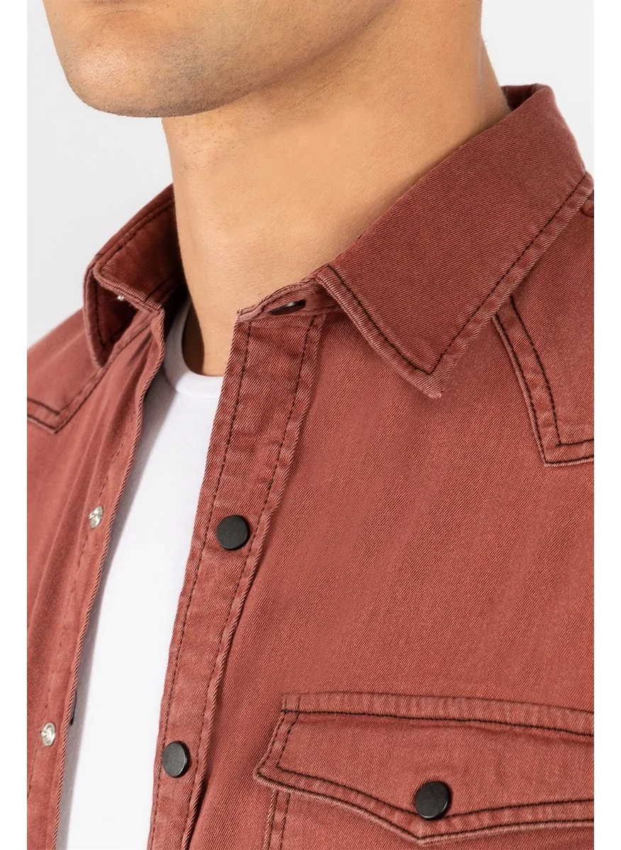 Tudors Slim Fit Slim Cut 100% Cotton Double Pocket Burgundy Denim Shirt