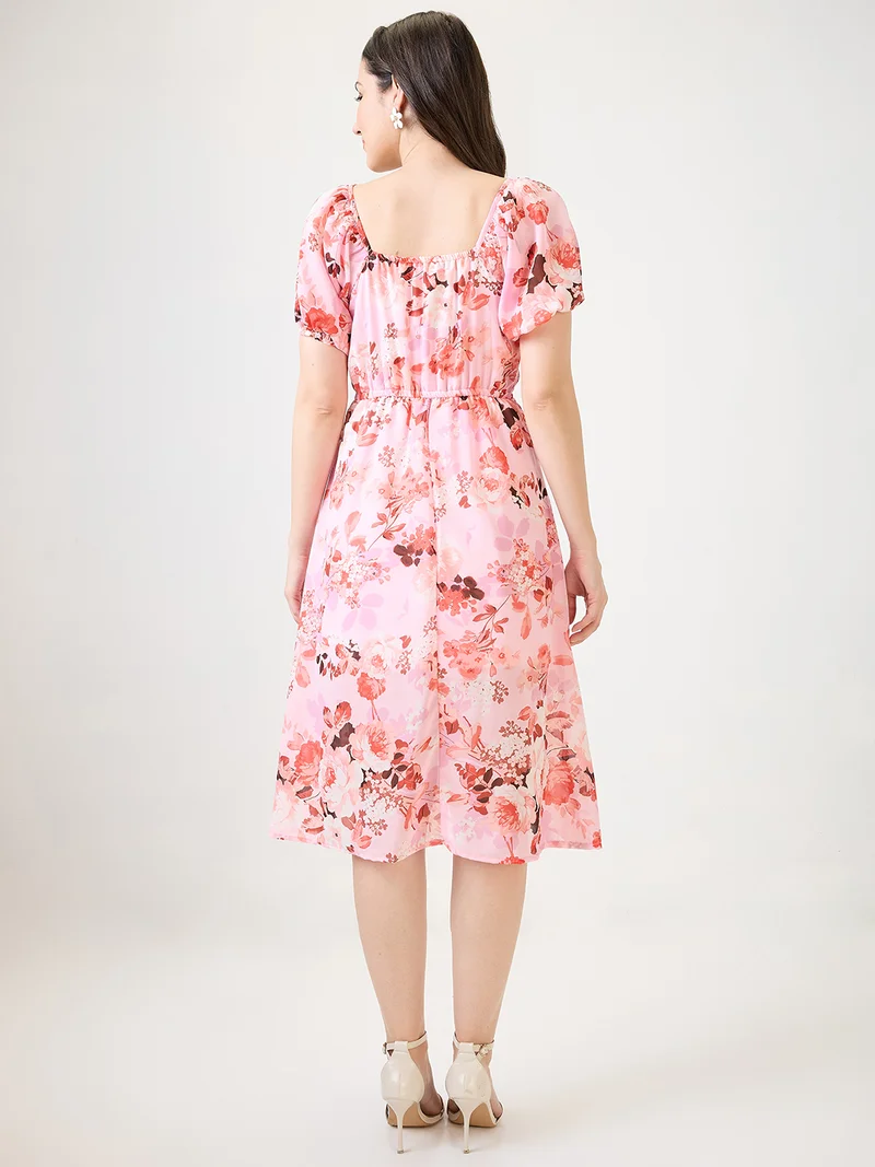 globus Women Pink Floral Printed Tie-Up Square Neck Puff Sleeves Side Slit Fit & Flare Midi Dress