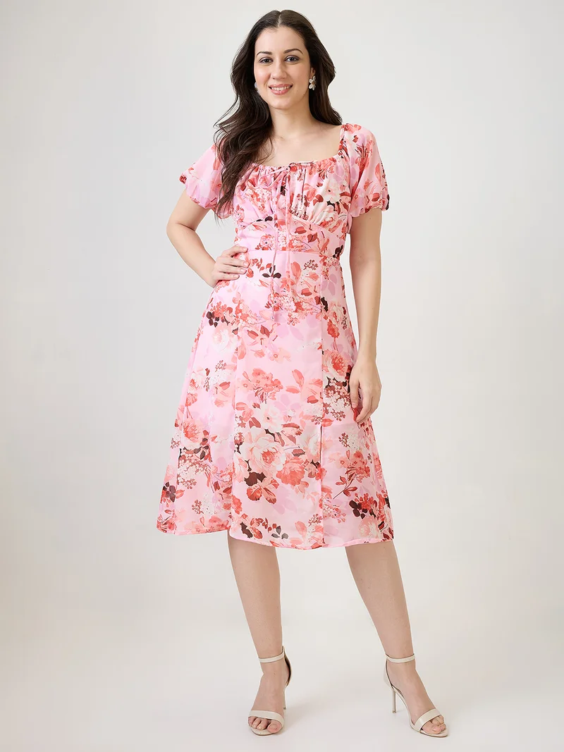 globus Women Pink Floral Printed Tie-Up Square Neck Puff Sleeves Side Slit Fit & Flare Midi Dress