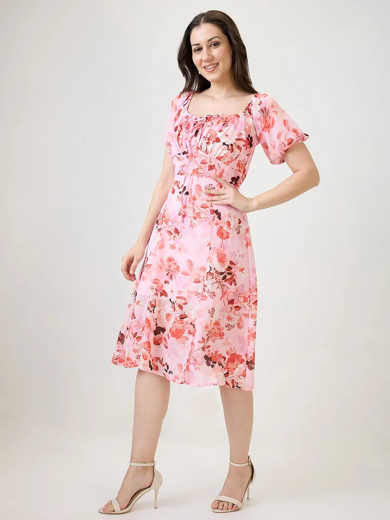 globus Women Pink Floral Printed Tie-Up Square Neck Puff Sleeves Side Slit Fit & Flare Midi Dress