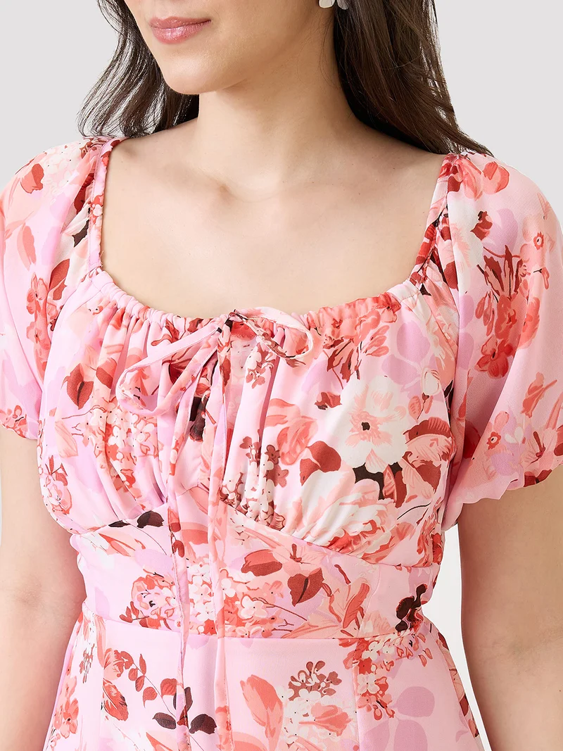 globus Women Pink Floral Printed Tie-Up Square Neck Puff Sleeves Side Slit Fit & Flare Midi Dress