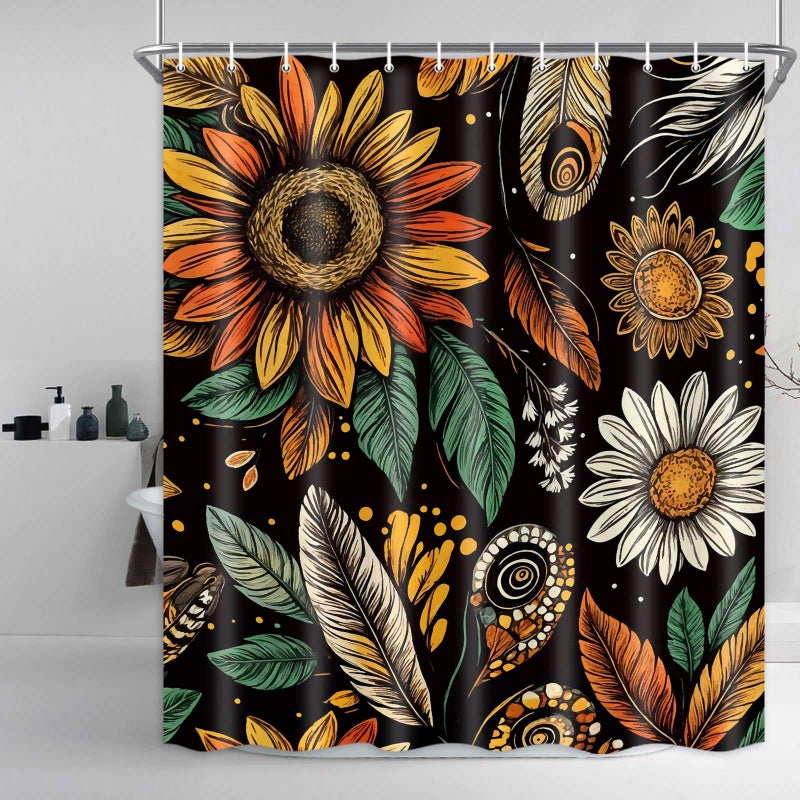Drgilau Boho Floral Shower Curtain Vintage Floral Shower Curtain for Bathroom  Farmhouse Flowers Bathroom Curtains Waterproof Rustic Sunflower Bathroom Set Decor with 12 Hooks  Black-6 60X72 Inch - Image 2