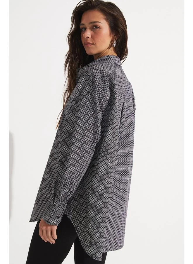 JUNE June Black and White Patterned Loose-Fit Cotton Shirt Black