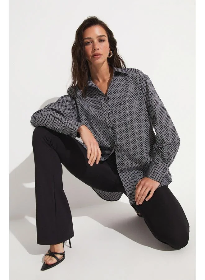 JUNE June Black and White Patterned Loose-Fit Cotton Shirt Black