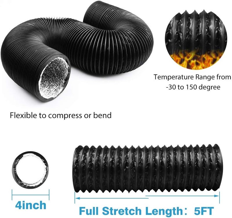 YIJUHOU 4 Inch 5 Feet Dryer Vent Hose, Flexible Aluminum Air Ducting for HVAC Ventilation, Fan Filter and Grow Tent, 2 Clamps Include - Image 2