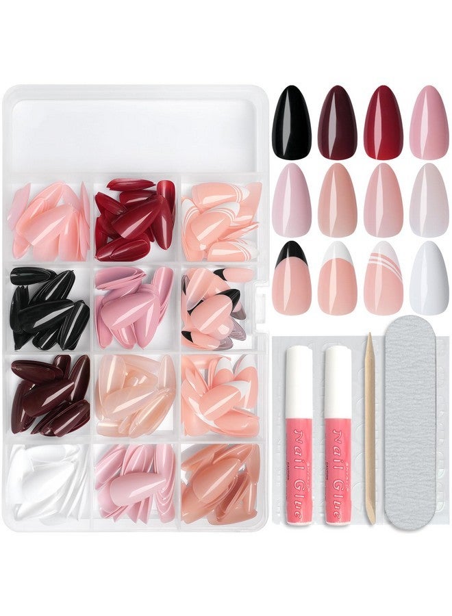 لايفيكس تول 288 قطعة من أظافر اللوز الصناعية، أظافر أكريليك متوسطة الحجم، أظافر صناعية قصيرة بطرف فرنسي مع غراء وعلامات لاصقة، عبوة أظافر صناعية لاصقة، أظافر صناعية - Image 1