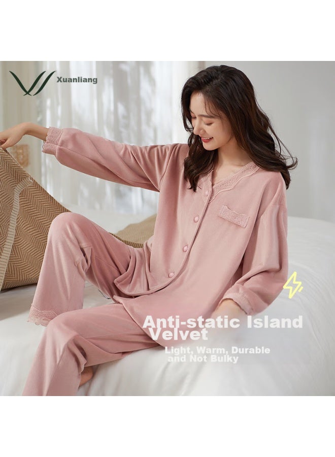 Xulen Women's Pajamas, Winter Thickened Island Velvet Set, Coral Fleece Ladies Loungewear, 62248 Misty Pink, 3XL - Image 1