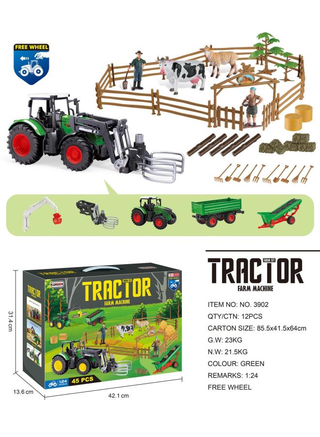 Electric Remote Control Farmer Engineering Vehicle Large Alloy Tractor Harvester Fertilizing Transport Toy Children's Loading Vehicle-Color:3902 Sliding Farmer Car Set-Proportion:1：24  - Image 1