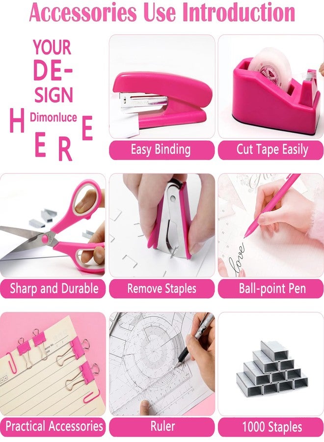 Dimonluce Hot Pink Desk Accessories, Hot Pink Office Supplies 360°Pen Holder Desk Organizers and Accessories with Tape Dispenser, Stapler, Staple Remover, 1000 Staples, Tape, Clips Set, Ruler, Scissor, Pen - Image 2
