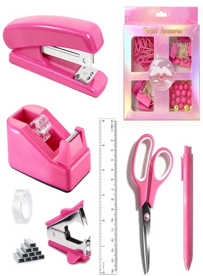 Dimonluce Hot Pink Desk Accessories, Hot Pink Office Supplies 360°Pen Holder Desk Organizers and Accessories with Tape Dispenser, Stapler, Staple Remover, 1000 Staples, Tape, Clips Set, Ruler, Scissor, Pen - Image 1