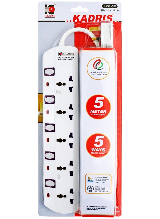 KADRIS - Power Strips S551 Heavy Duty Extension Cord with 5 way Outlets with individual switch, Charging Socket with 5 meter Heat resistant  Extension Cord (White) - Image 1
