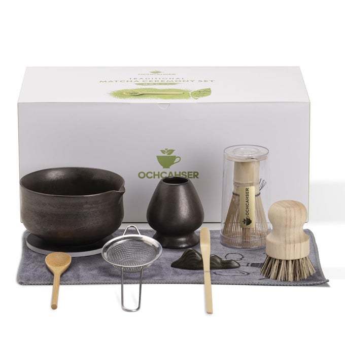MATCHA WHISK SET MATCHA BOWL WITH SPOUT AND COASTER MATCHA WHISK AND HOLDER SIFTER SCOOP SPOON CLEANING BRUSH 10 PCS COMPLETE CERAMIC MATCHA KIT