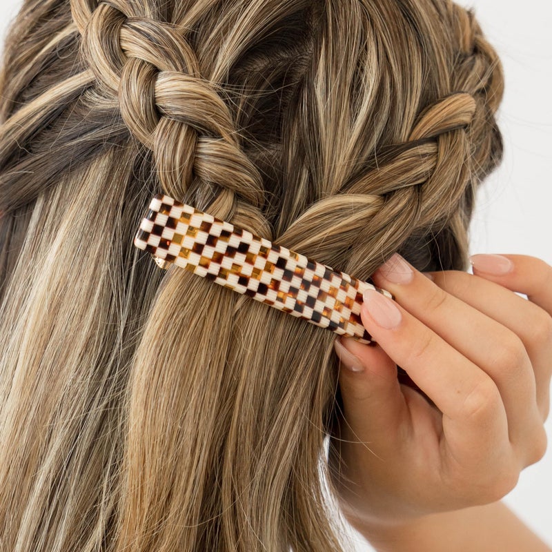 France Luxe Checkered Hair Barrette for Thin Hair, Classic Rectangle French Barrette for Women, Lightweight and Comfortable, Strong Hold, Chequered Board | France Luxe - Image 2