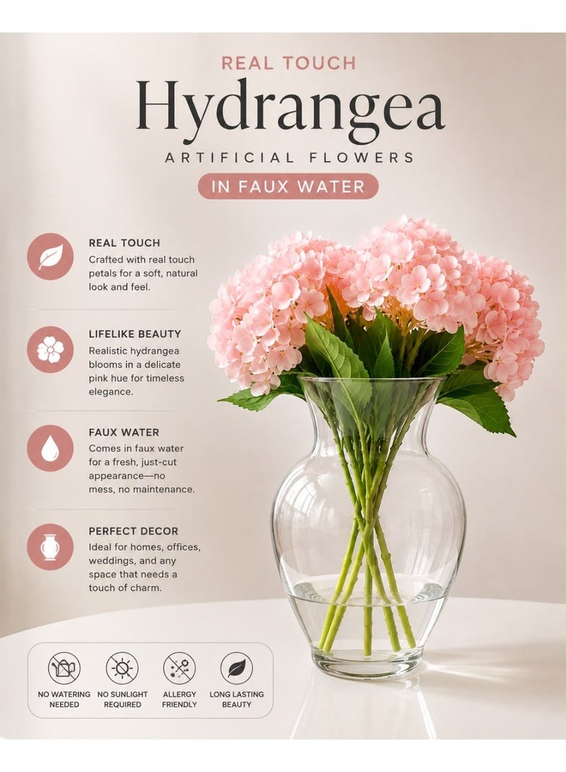 LATIFA Artificial Pink Hydrangea Flowers with Vase, Pink Flowers Bouquet Silk Fake Flowers Arrangements in Glass Vase with Faux Water for Home Bathroom Office Table Centerpiece Shelf Weddings Decor - Image 3