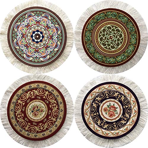 Inusitus Rug Coasters, Set of 4 Turkish Carpet Style Table Drink mats, Absorbent Kitchen and Dining Accessories, Spill & drip Protection, Round - Image 1