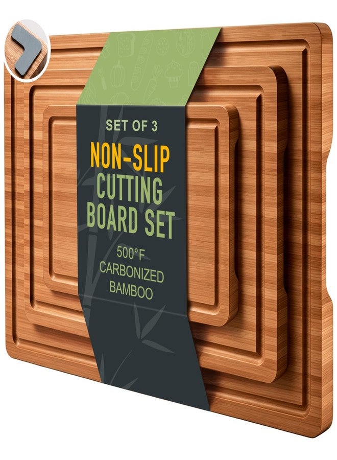 Hilislog 3 Pack Bamboo Cutting Board Set with Non Slip Solid Wood Cutting Boards Non Toxic Chopping Board for Kitchen Small Cutting Board Non Plastic Charcuterie Boards Meat Healthy Bread Cutting Board Sets - Image 1