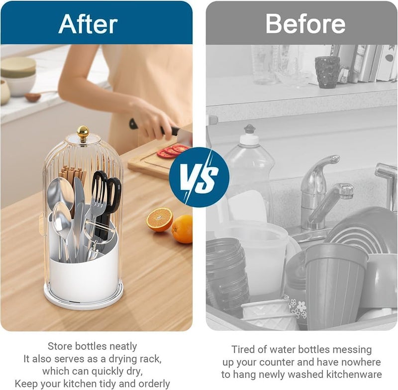 Cutlery holder with cover,Internally rotatable, Plastic Cutlery Storage Organizer for Kitchen Cabinet or Pantry - Basket Organizer for Forks, Knives and Spoons. With cover. White - Image 3