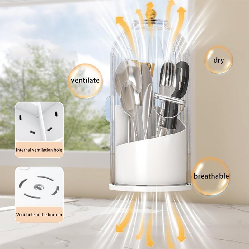 Cutlery holder with cover,Internally rotatable, Plastic Cutlery Storage Organizer for Kitchen Cabinet or Pantry - Basket Organizer for Forks, Knives and Spoons. With cover. White - Image 1