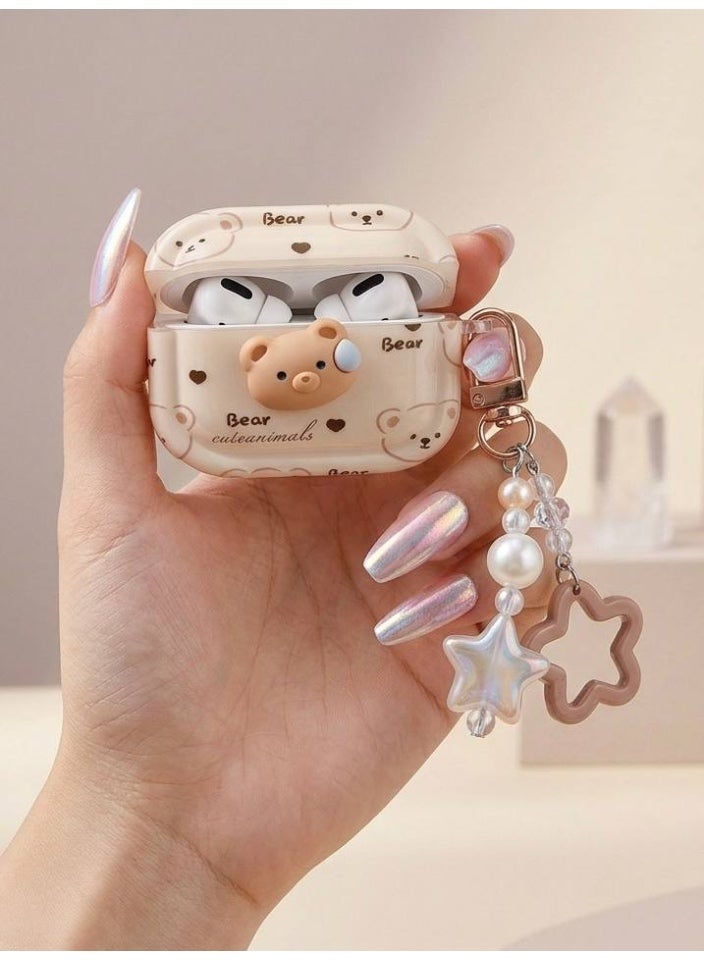 Aura Style Durable 3D Bear Case for AirPods Pro - Premium Protective Cover with Pearl & Star Keychain - Aesthetic Cream - Image 2