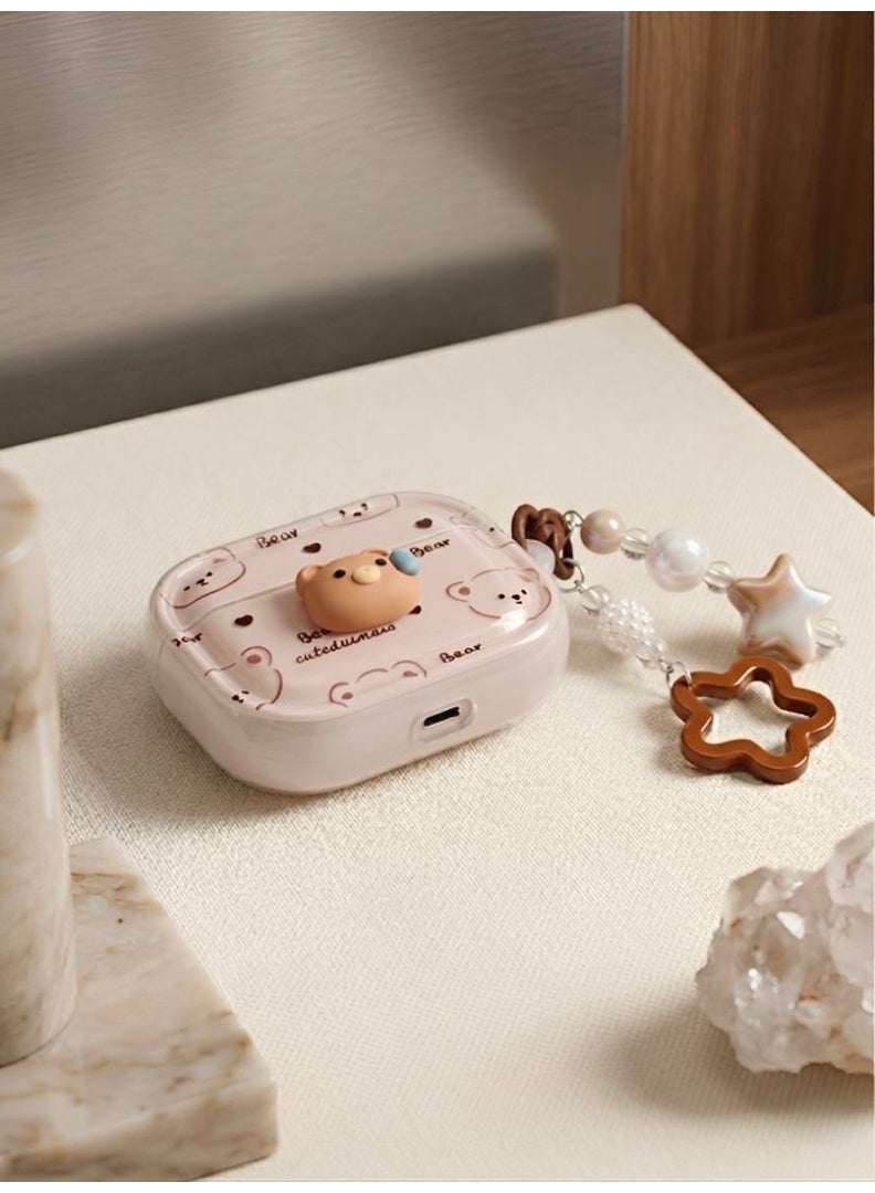 Aura Style Durable 3D Bear Case for AirPods Pro - Premium Protective Cover with Pearl & Star Keychain - Aesthetic Cream - Image 4