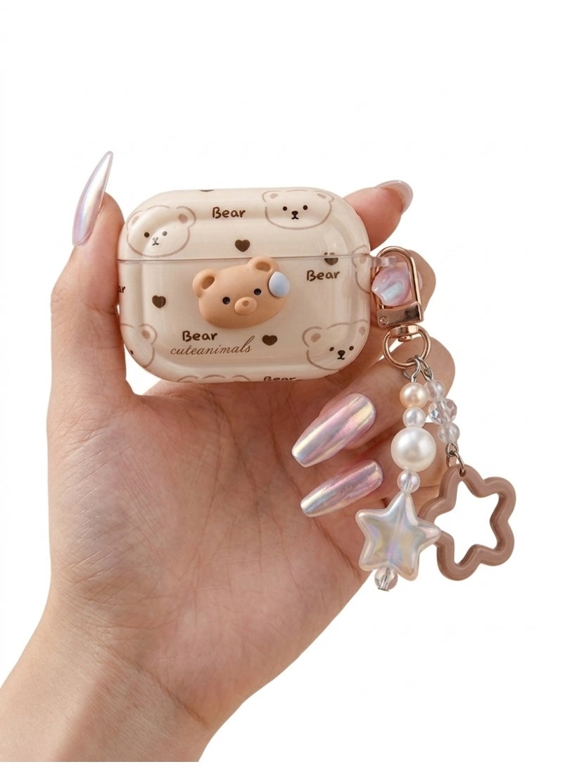 Aura Style Durable 3D Bear Case for AirPods Pro - Premium Protective Cover with Pearl & Star Keychain - Aesthetic Cream - Image 1