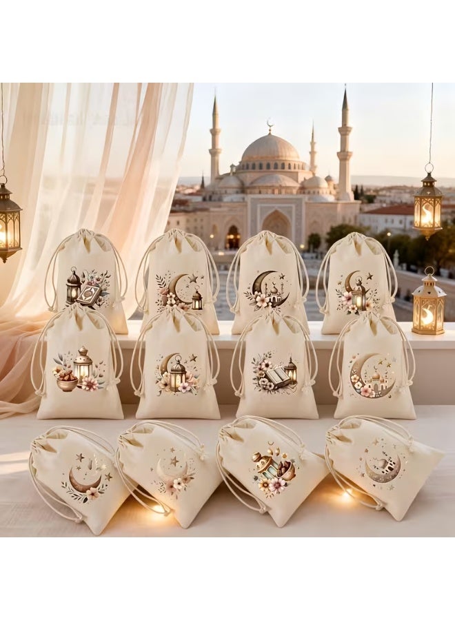 12PCS Ramadan Eid Mubarak Drawstring Gift Bags – Islamic Lantern & Crescent Moon Candy Favor Bags for Eid Kareem Party Gifts and Decorations - Image 2