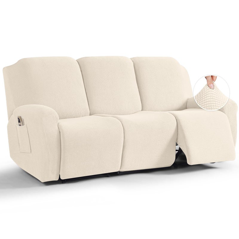 TAOCOCO Recliner Sofa Covers 8Pieces Stretch Large Couch Covers for 3 Seats Reclining Slipcovers Soft Jacquard Pattern Furniture Protector Beige