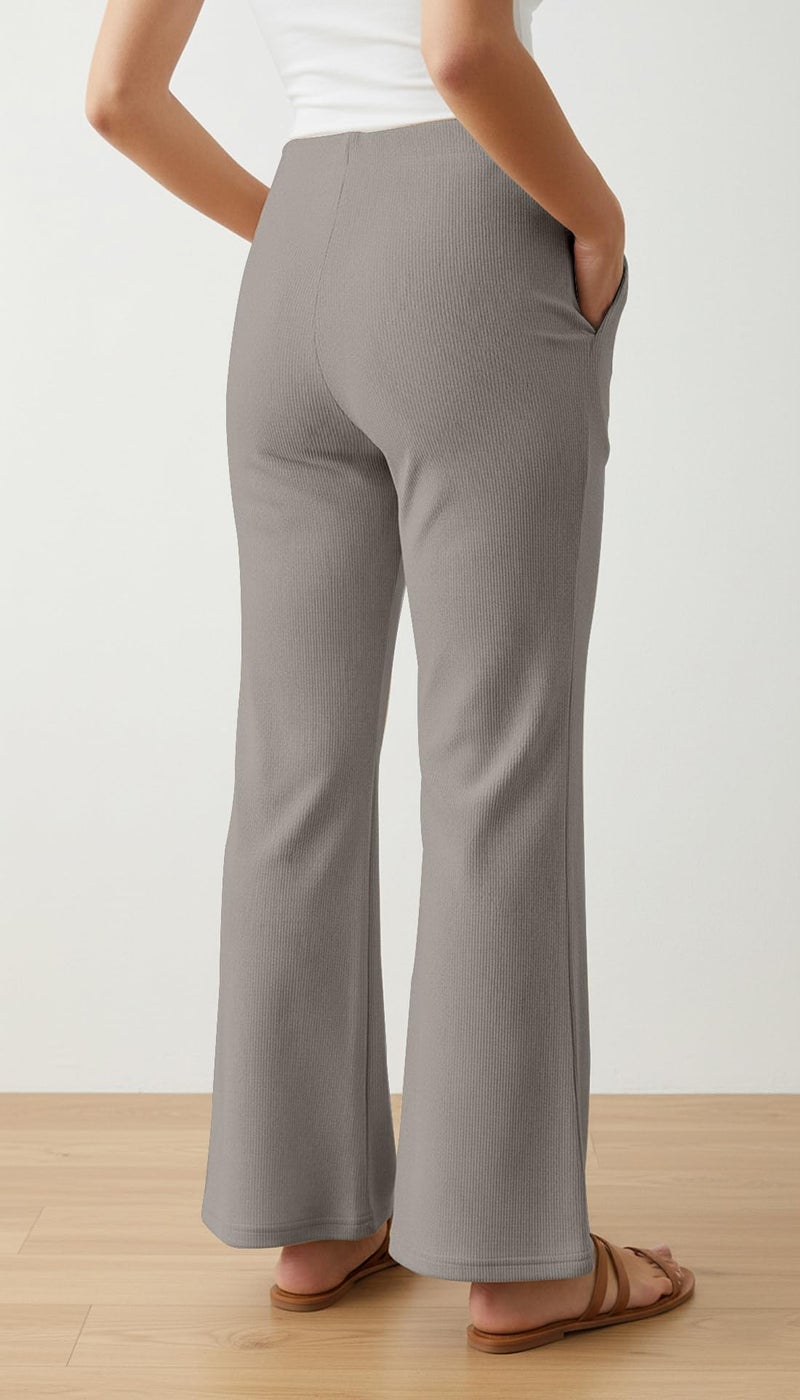 Mehrang High Waisted Wide Leg Ribbed Knit Trousers with Pockets | Casual and Stretchy Pants | for Women (in, Alpha, M, Regular, Light Grey) - Image 2