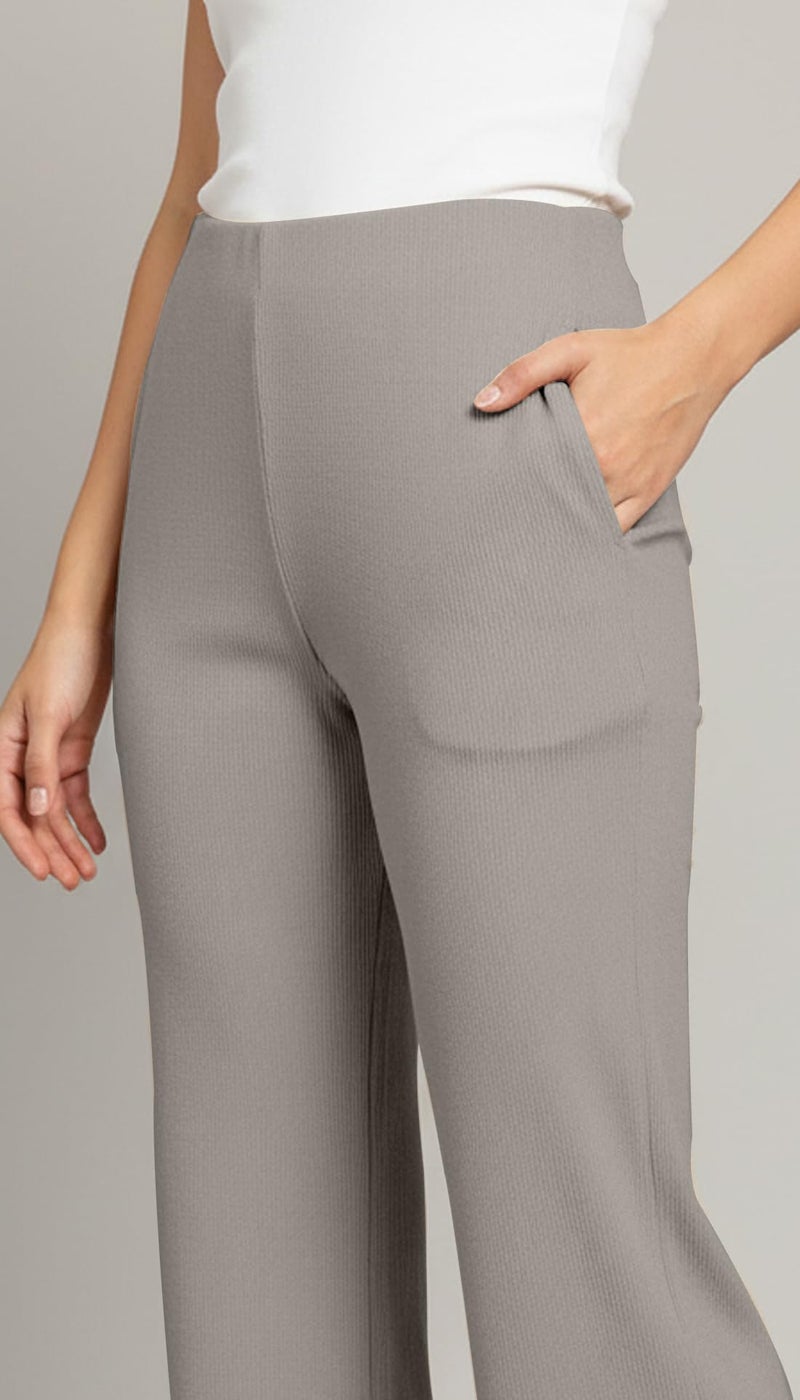 Mehrang High Waisted Wide Leg Ribbed Knit Trousers with Pockets | Casual and Stretchy Pants | for Women (in, Alpha, M, Regular, Light Grey) - Image 4