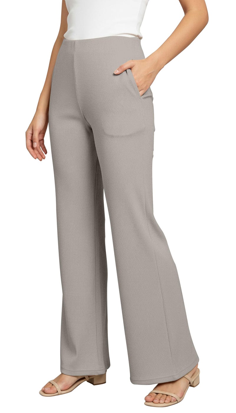 Mehrang High Waisted Wide Leg Ribbed Knit Trousers with Pockets | Casual and Stretchy Pants | for Women (in, Alpha, M, Regular, Light Grey) - Image 1