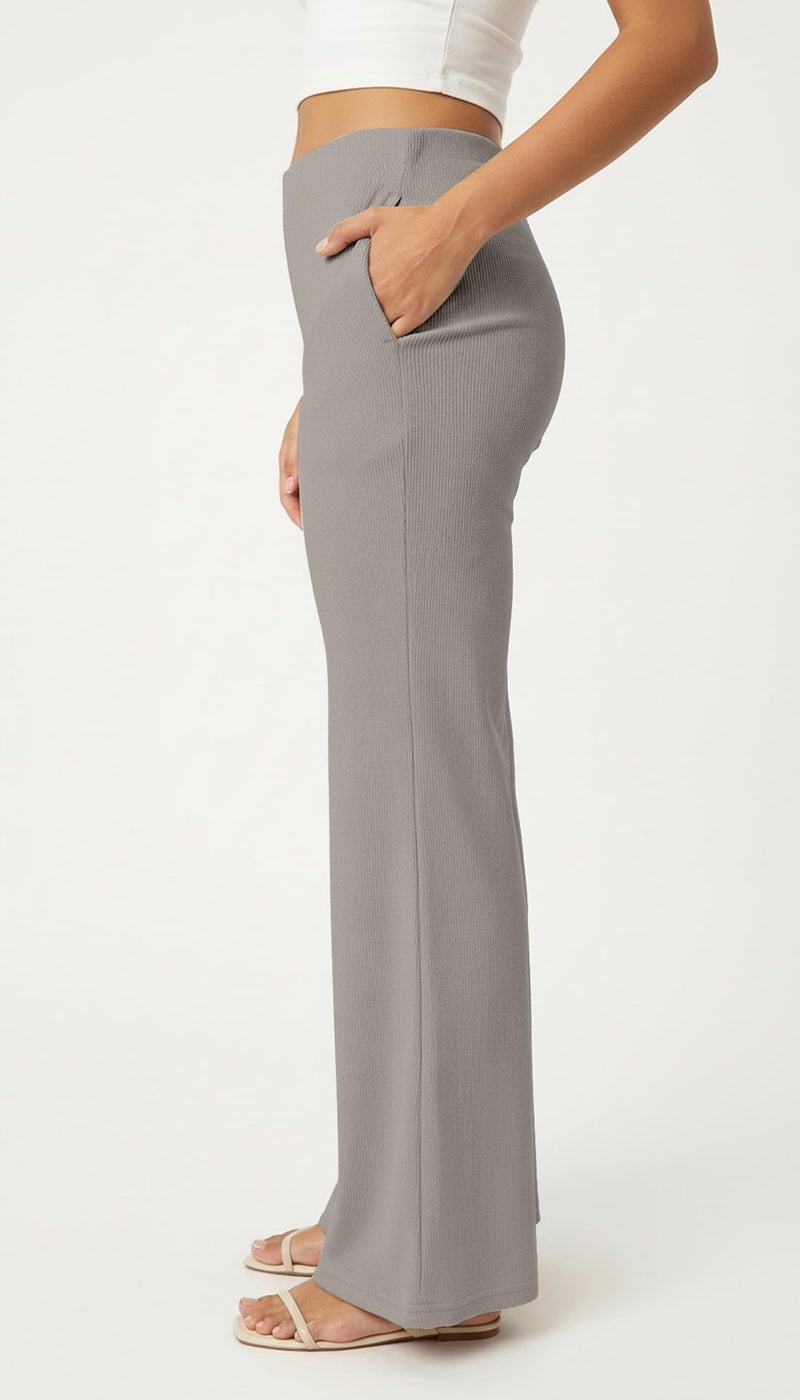 Mehrang High Waisted Wide Leg Ribbed Knit Trousers with Pockets | Casual and Stretchy Pants | for Women (in, Alpha, M, Regular, Light Grey) - Image 3