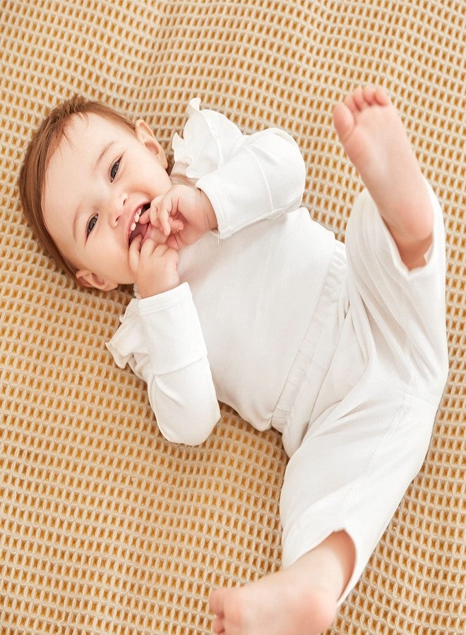 PureBorn بدلة قطنية للبنات من بيوربورن بأكمام طويلة وكتف مزخرف باللون الأبيض لفصل الربيع والخريف 3-6 أشهر - Image 2