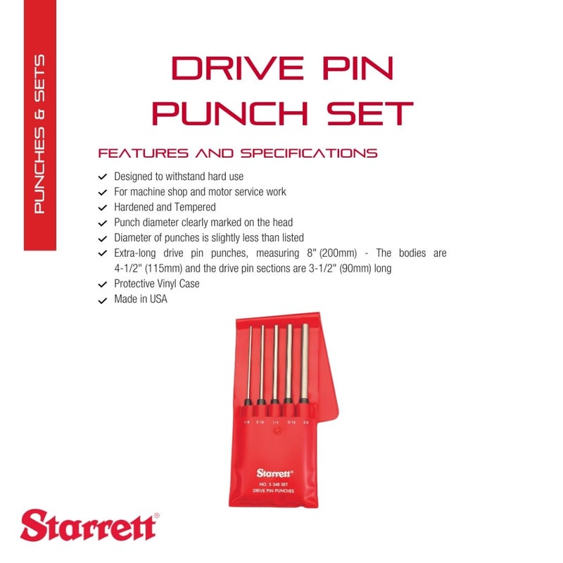 Starrett Extra-Long Drive Pin Punch Set with Knurled Grip and Protective Vinyl Case - 8" Length, 1/8", 3/16", 1/4", 5/16", 3/8" Punch Diameter - Set of 5 - S248PC - Image 2