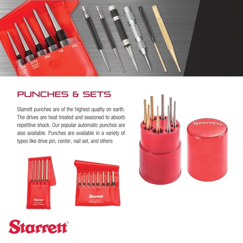 Starrett Extra-Long Drive Pin Punch Set with Knurled Grip and Protective Vinyl Case - 8" Length, 1/8", 3/16", 1/4", 5/16", 3/8" Punch Diameter - Set of 5 - S248PC - Image 3