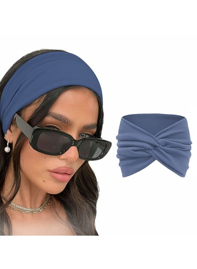 عصابة رأس عريضة للنساء، عصابة رأس كبيرة جدًا، إكسسوارات شعر بعقدة ملتوية (ازرق) - Image 1