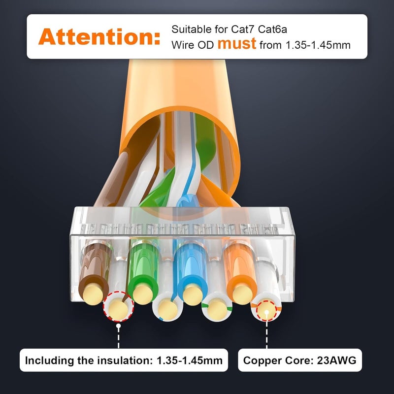 VCELINK CAT6A Connector, RJ45 Connectors Pass Through CAT6A CAT7 Shielded, UL-Listed 3-Prong Gold Plated, CAT7 Connector with Strain Relief Boots (RJ45 Connector-Transparent, Orange, 30-Pack) - Image 3