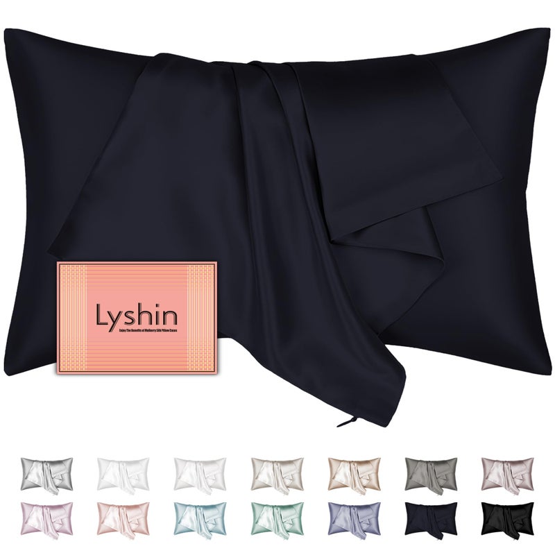 LYSHIN Mulberry Silk Pillow Cases Queen Size with Hidden Zipper  Ultra Smooth and Soft Breathable Cooling Silk Satin Pillowcase for Hair and Skin  Gifts for Women Men (Navy Blue  20x30 Inches  1 Pack) - Image 1