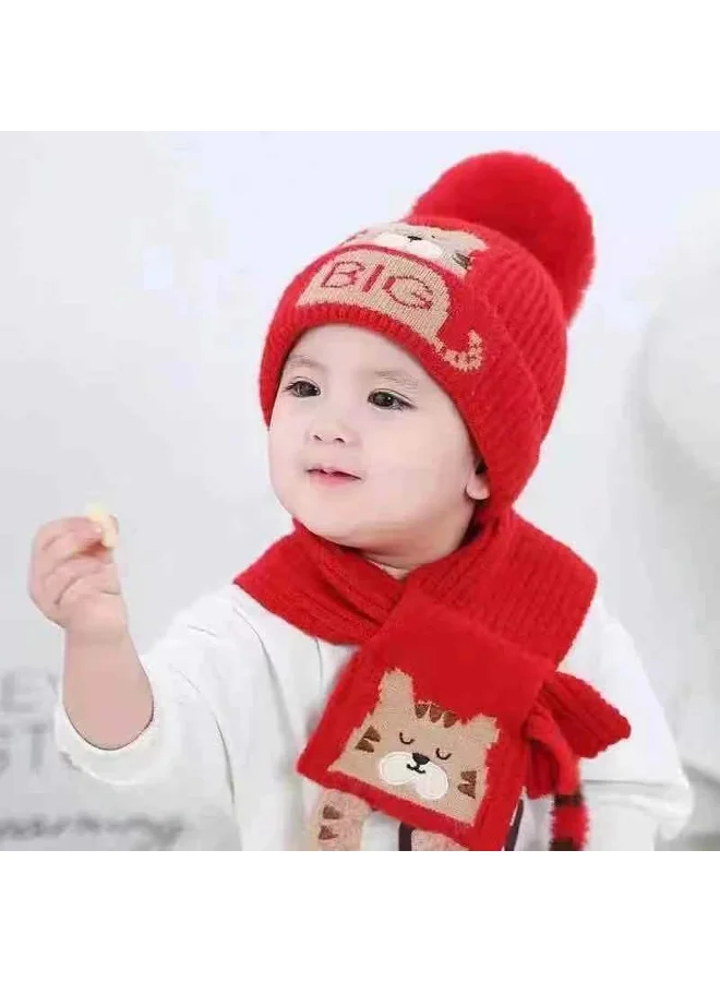 LITTLE SURPRISE BOX Red Bear woven Stretchable Woolen Winter Cap for Kids with Matching Neck Muffler Set (3-10yrs)