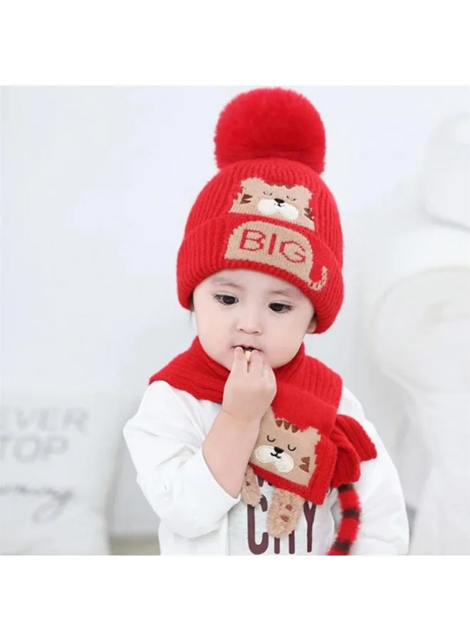 LITTLE SURPRISE BOX Red Bear woven Stretchable Woolen Winter Cap for Kids with Matching Neck Muffler Set (3-10yrs)