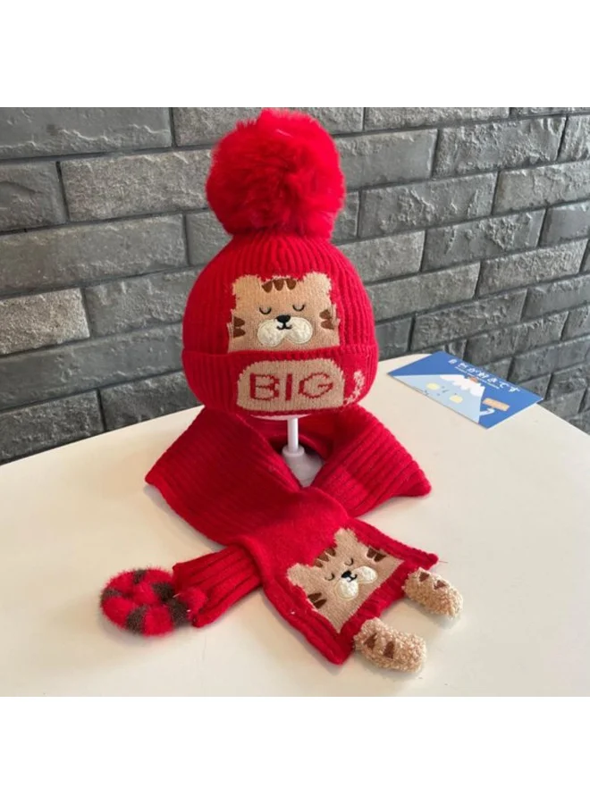 LITTLE SURPRISE BOX Red Bear woven Stretchable Woolen Winter Cap for Kids with Matching Neck Muffler Set (3-10yrs)