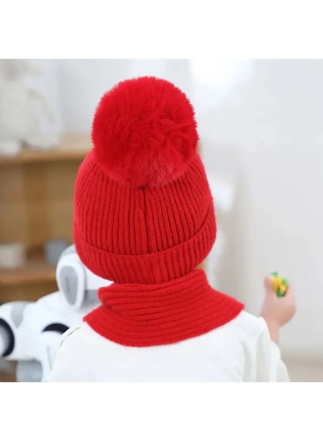 LITTLE SURPRISE BOX Red Bear woven Stretchable Woolen Winter Cap for Kids with Matching Neck Muffler Set (3-10yrs)