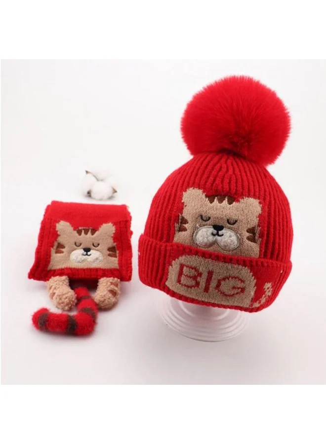 LITTLE SURPRISE BOX Red Bear woven Stretchable Woolen Winter Cap for Kids with Matching Neck Muffler Set (3-10yrs)