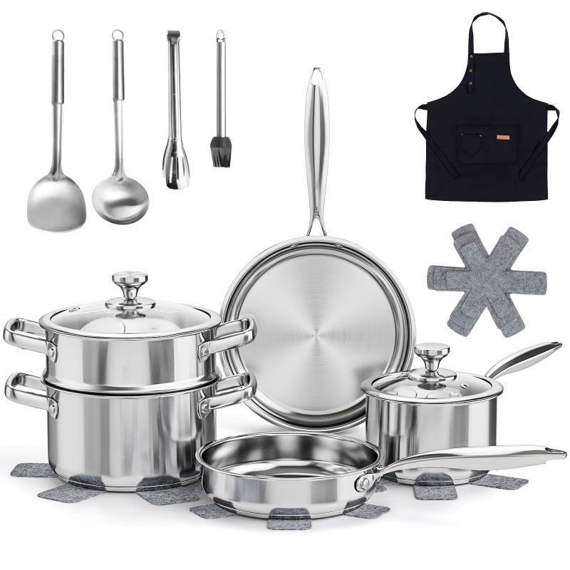 Meythway Pots and Pans Set Non Toxic, 16PCs Stainless Steel Cookware Set with Steamer, Kitchen Induction Cookware with Utensil Sets, Pot Protectors and Apron For Oven & Dishwasher Safe - Image 1
