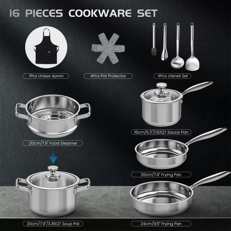 Meythway Pots and Pans Set Non Toxic, 16PCs Stainless Steel Cookware Set with Steamer, Kitchen Induction Cookware with Utensil Sets, Pot Protectors and Apron For Oven & Dishwasher Safe - Image 2