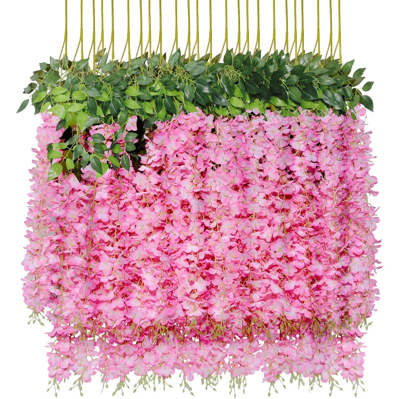 U'Artlines UArtlines 24 Pack Total 864 Feet Artificial Fake Wisteria Vine Rattan Hanging Garland Silk Flowers String Home Party Wedding Decor 24 Pink - Image 1