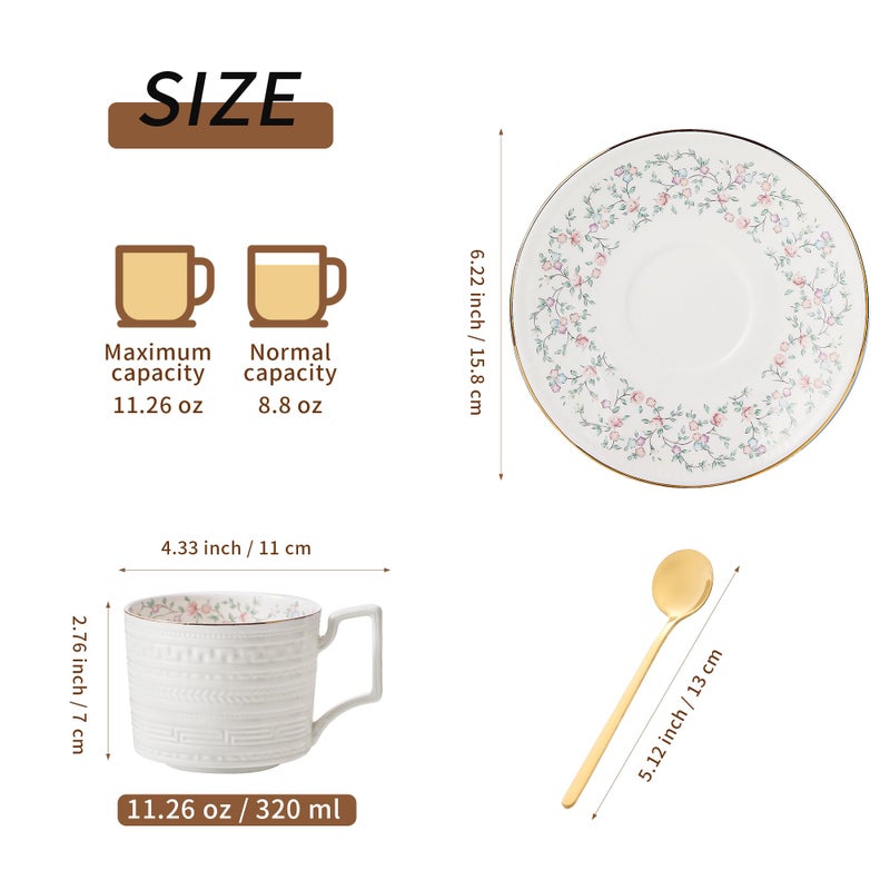 Harahiko Country Roses Porcelain Tea Cup and Saucer Set with Gold Trim, Vintage Style, For Women and Tea Parties (1, G) - Image 2